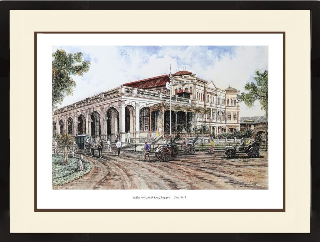 Watercolour painting of early singapore raffles hotel at beach road 1915